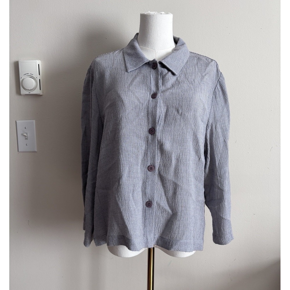 Vintage Minimalist Neutral Eileen Fisher Button Up Shirt Gray White Medium